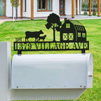Customized stainless steel farmhouse mailbox topper with laser-cut barn, cow, and sheep silhouette, featuring black powder-coated personalized address text.