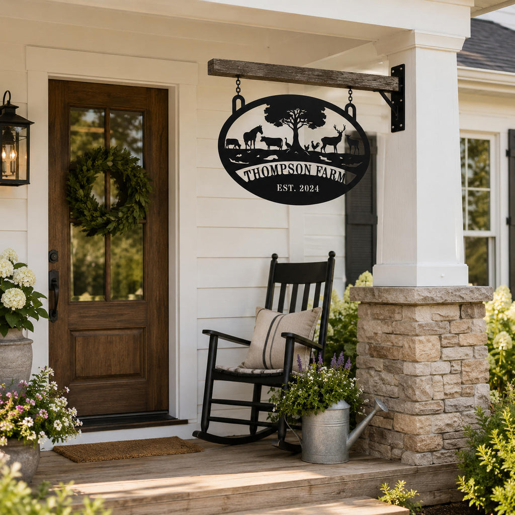 Custom farmhouse metal hanging sign displayed on a front porch, personalized steel family farm sign for rustic home entrance and country house decoration.