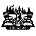 Custom metal campfire sign with Adirondack chairs and pine trees, personalized family name Johnson, rustic outdoor steel wall decor for cabins and backyard spaces