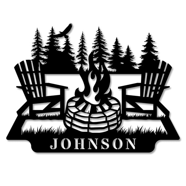 Custom metal campfire sign with Adirondack chairs and pine trees, personalized family name Johnson, rustic outdoor steel wall decor for cabins and backyard spaces
