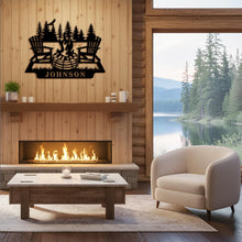 Custom metal campfire sign with Adirondack chairs and pine trees, personalized family name Johnson, rustic outdoor steel wall decor for cabins and backyard spaces