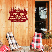 Custom metal campfire sign with Adirondack chairs and pine trees, personalized family name Johnson, rustic outdoor steel wall decor for cabins and backyard spaces