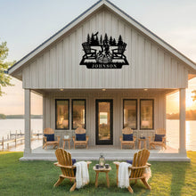 Custom metal campfire sign with Adirondack chairs and pine trees, personalized family name Johnson, rustic outdoor steel wall decor for cabins and backyard spaces