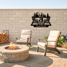 Custom metal campfire sign with Adirondack chairs and pine trees, personalized family name Johnson, rustic outdoor steel wall decor for cabins and backyard spaces