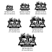 Custom metal campfire sign with Adirondack chairs and pine trees, personalized family name Johnson, rustic outdoor steel wall decor for cabins and backyard spaces