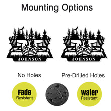 Custom metal campfire sign with Adirondack chairs and pine trees, personalized family name Johnson, rustic outdoor steel wall decor for cabins and backyard spaces