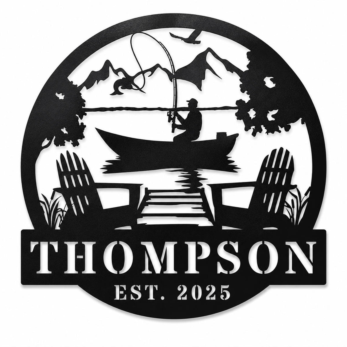 Personalized Thompson fishing lake house metal sign with mountain and dock scene on a white background Main image
