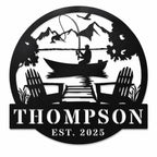 Personalized Thompson fishing lake house metal sign with mountain and dock scene on a white background