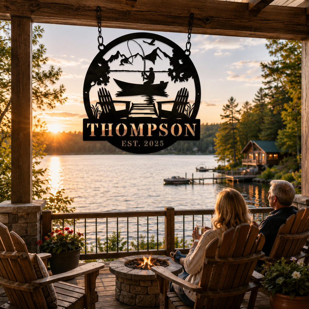 Personalized metal lake house sign displayed above a lakeside patio with Adirondack chairs