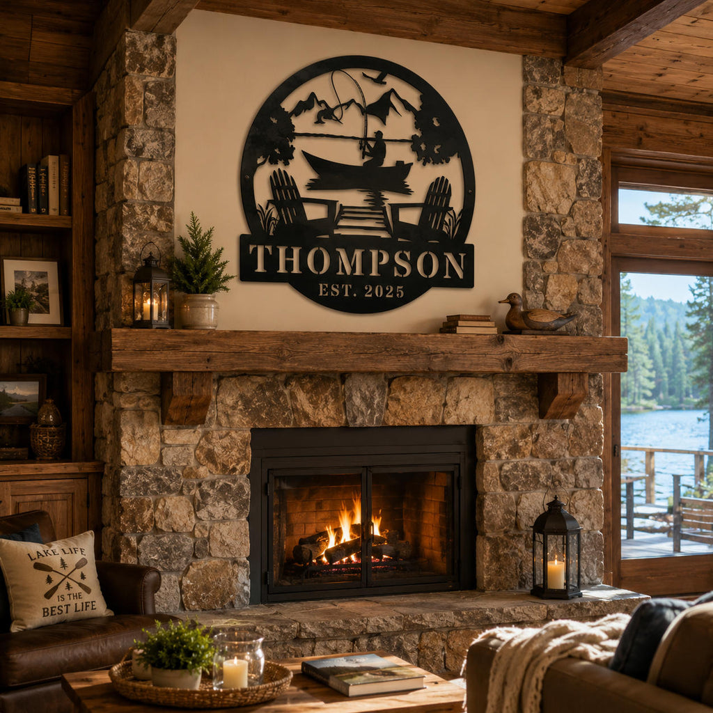 Custom family name metal wall art displayed above a rustic stone fireplace in a lake cabin