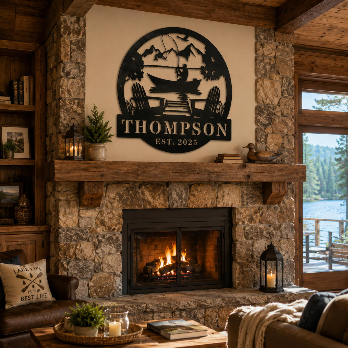 Custom family name metal wall art displayed above a rustic stone fireplace in a lake cabin