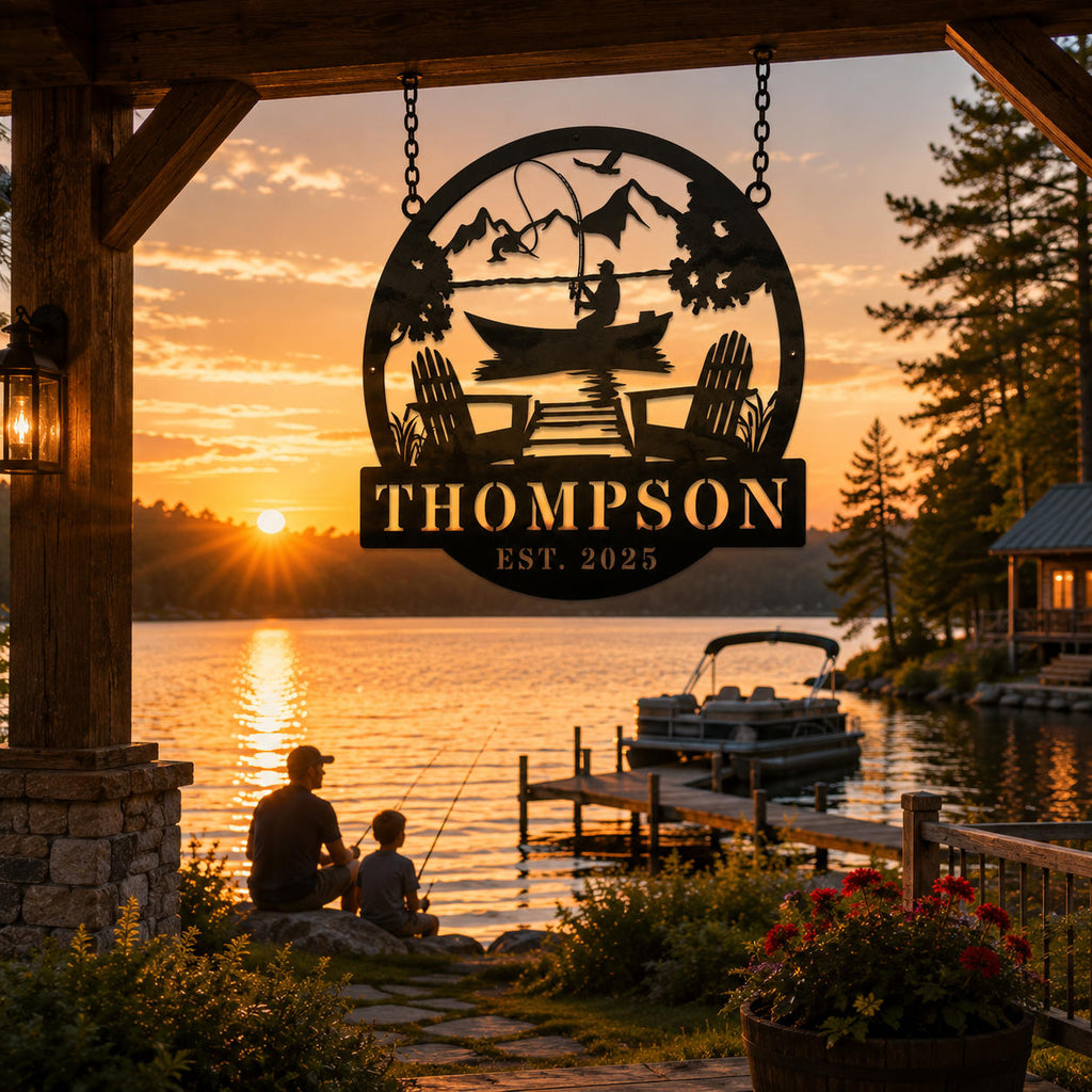 Personalized fishing themed metal sign displayed by a lakeside fence during sunset