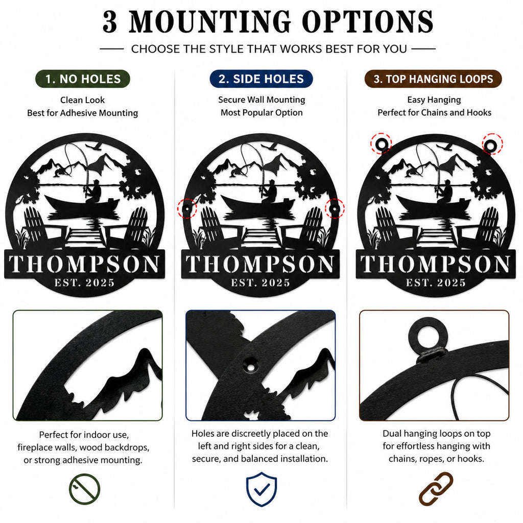 Comparison of mounting hole options for a personalized metal lake house sign