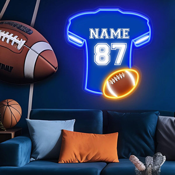 Custom football jersey neon sign with personalized name and number, blue LED jersey and glowing football.