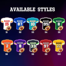 Custom football jersey neon sign with personalized name and number, blue LED jersey and glowing football.