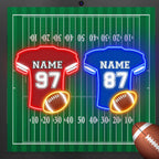 Custom football jersey neon sign with personalized name and number, blue LED jersey and glowing football.