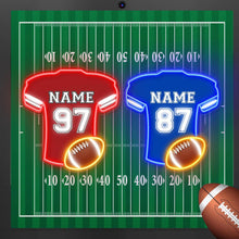 Custom football jersey neon sign with personalized name and number, blue LED jersey and glowing football.