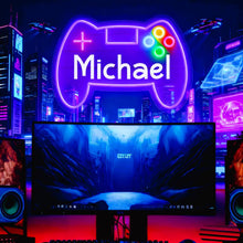 Custom gamer neon sign featuring a game controller design with personalized name, LED neon lighting in blue and multicolor options, perfect for gaming room wall decor