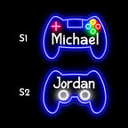 Custom gamer neon sign featuring a game controller design with personalized name, LED neon lighting in blue and multicolor options, perfect for gaming room wall decor