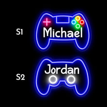 Custom gamer neon sign featuring a game controller design with personalized name, LED neon lighting in blue and multicolor options, perfect for gaming room wall decor