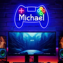 Custom gamer neon sign featuring a game controller design with personalized name, LED neon lighting in blue and multicolor options, perfect for gaming room wall decor