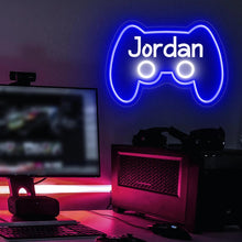 Custom gamer neon sign featuring a game controller design with personalized name, LED neon lighting in blue and multicolor options, perfect for gaming room wall decor