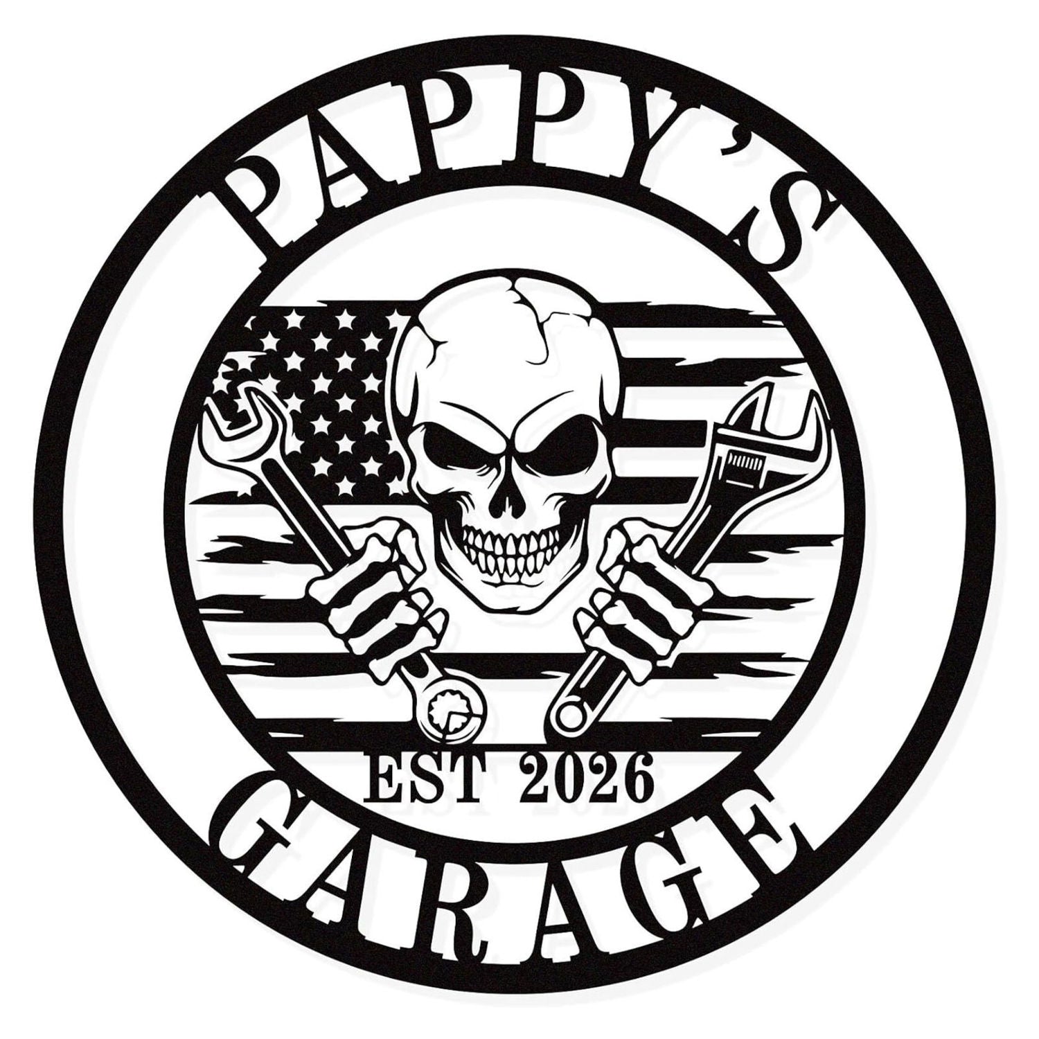 Custom metal garage skull sign with crossed wrenches, circular design, personalized text, black metal wall decor for garage or workshop Main image
