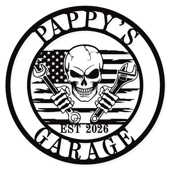 Custom metal garage skull sign with crossed wrenches, circular design, personalized text, black metal wall decor for garage or workshop