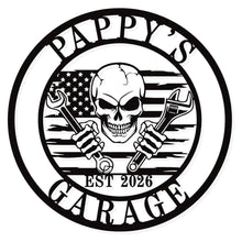 Custom metal garage skull sign with crossed wrenches, circular design, personalized text, black metal wall decor for garage or workshop