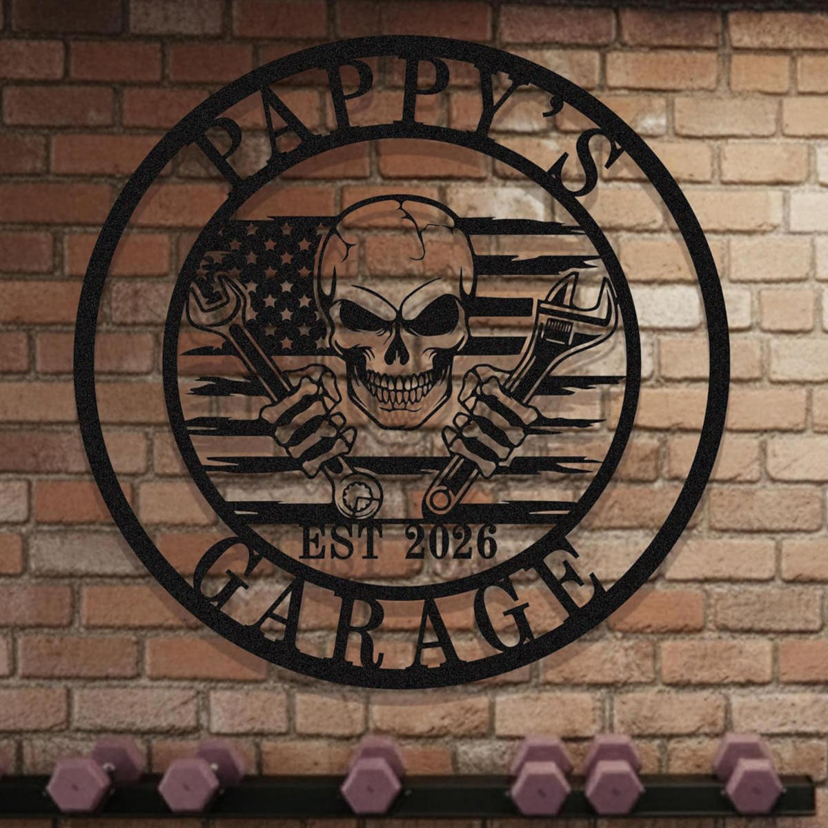 Custom metal garage skull sign with crossed wrenches, circular design, personalized text, black metal wall decor for garage or workshop