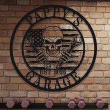 Custom metal garage skull sign with crossed wrenches, circular design, personalized text, black metal wall decor for garage or workshop