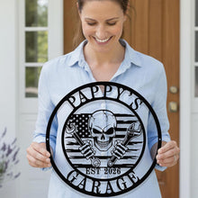 Custom metal garage skull sign with crossed wrenches, circular design, personalized text, black metal wall decor for garage or workshop