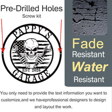 Custom metal garage skull sign with crossed wrenches, circular design, personalized text, black metal wall decor for garage or workshop