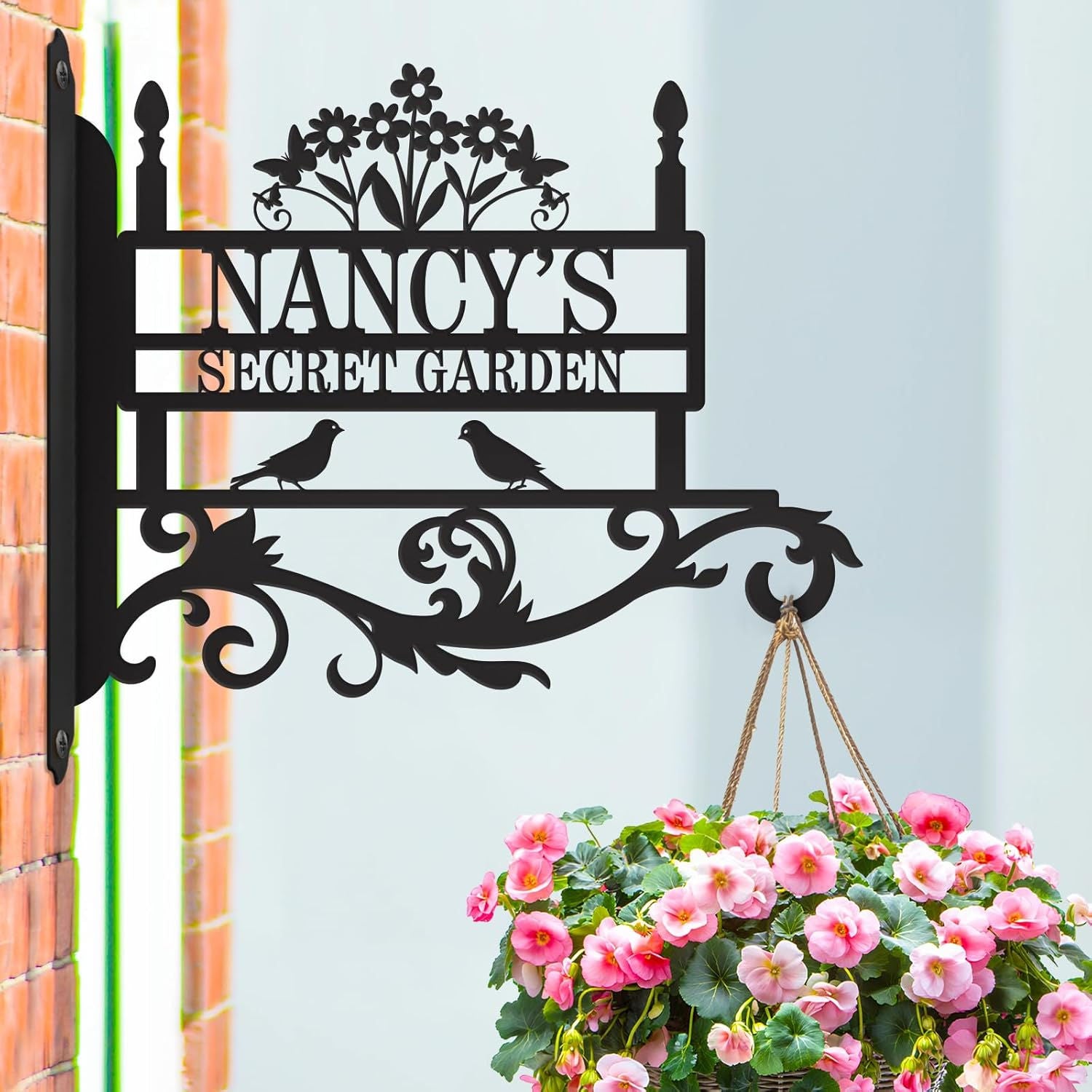 Custom metal garden hook sign with birds and floral design, used for hanging flower basket, personalized with “Nancy’s Secret Garden” Main image