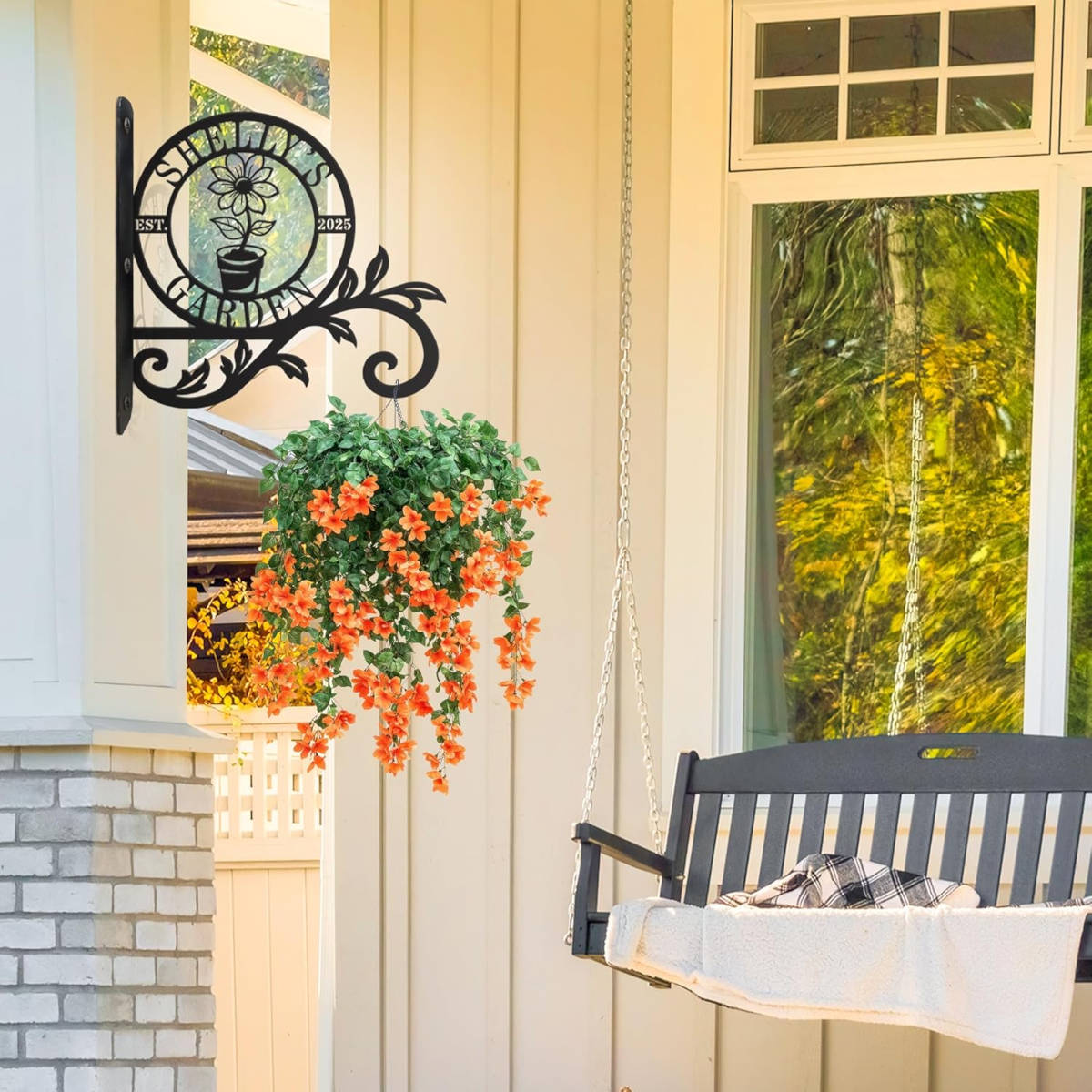Custom metal garden hook sign with flower pot design and personalized text, perfect for hanging plants outdoors.