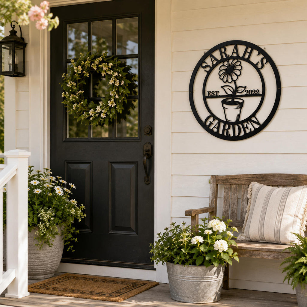 Custom round garden metal sign mounted beside a farmhouse porch entrance with potted flowers.