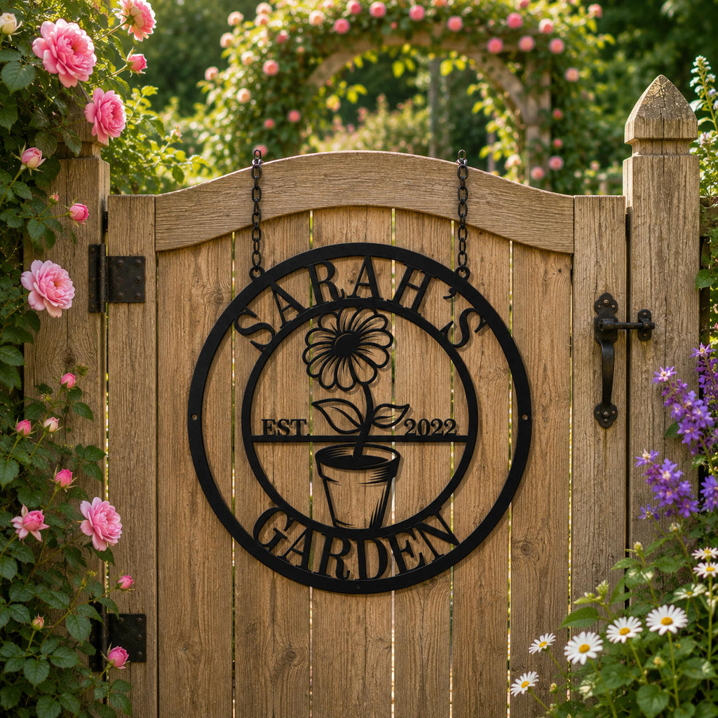 Custom garden metal sign hanging from top loops on a wooden garden gate surrounded by flowers.