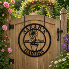 Custom garden metal sign hanging from top loops on a wooden garden gate surrounded by flowers.