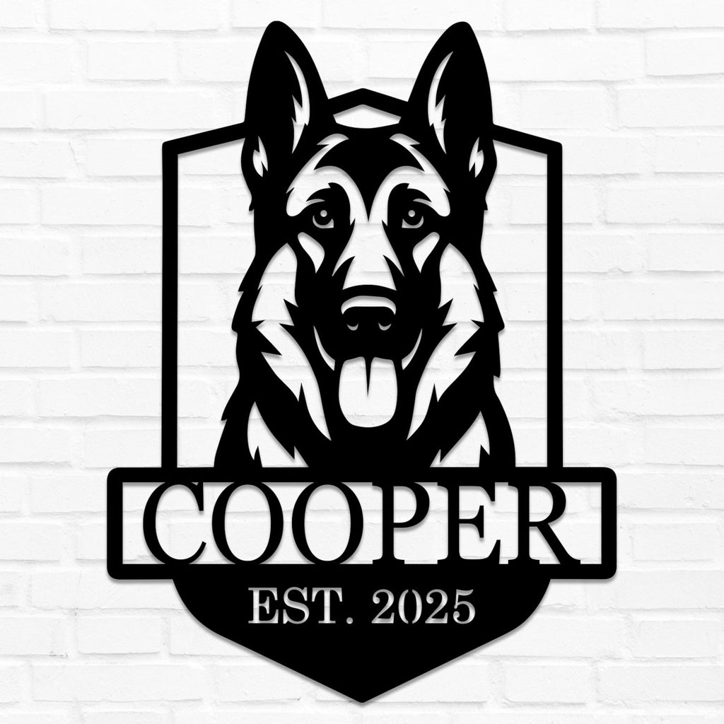 Personalized German Shepherd dog metal sign with custom name and established year, laser-cut steel wall art for pet lovers