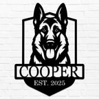 Personalized German Shepherd dog metal sign with custom name and established year, laser-cut steel wall art for pet lovers