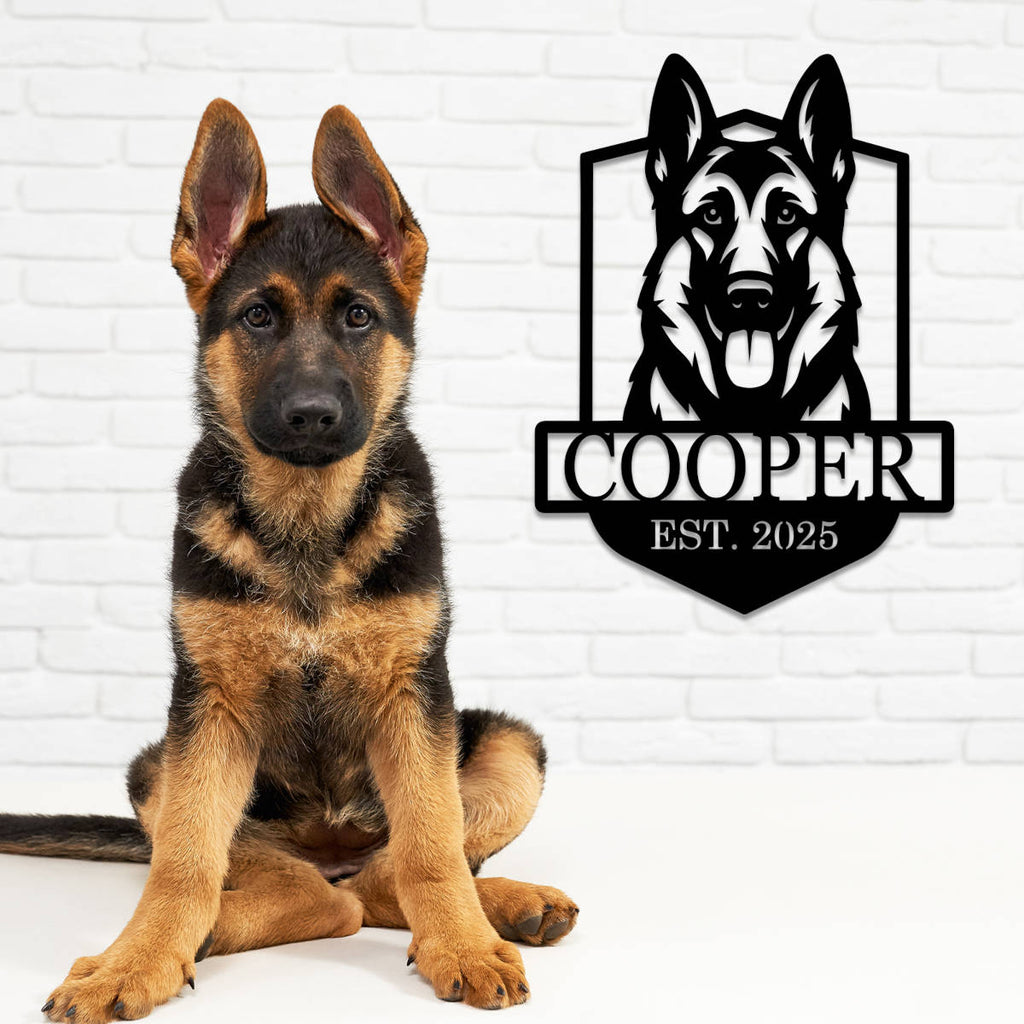 Personalized German Shepherd dog metal sign with custom name and established year, laser-cut steel wall art for pet lovers