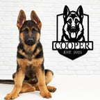 Personalized German Shepherd dog metal sign with custom name and established year, laser-cut steel wall art for pet lovers