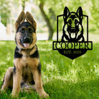 Personalized German Shepherd dog metal sign with custom name and established year, laser-cut steel wall art for pet lovers