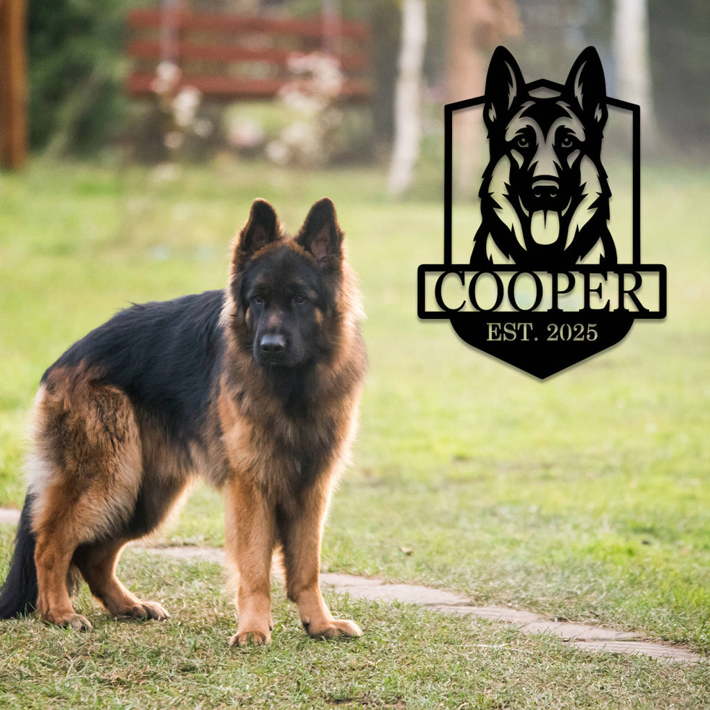 Personalized German Shepherd dog metal sign with custom name and established year, laser-cut steel wall art for pet lovers