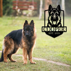 Personalized German Shepherd dog metal sign with custom name and established year, laser-cut steel wall art for pet lovers