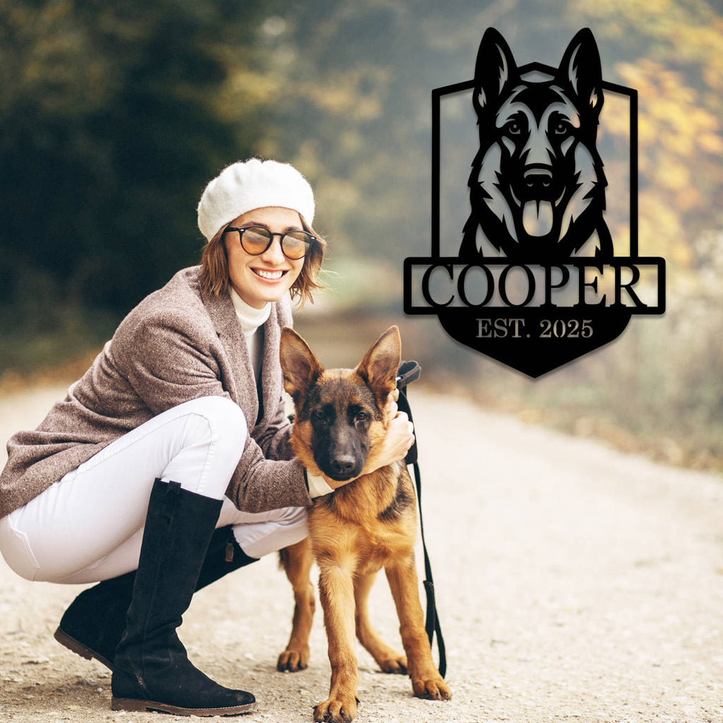 Personalized German Shepherd dog metal sign with custom name and established year, laser-cut steel wall art for pet lovers
