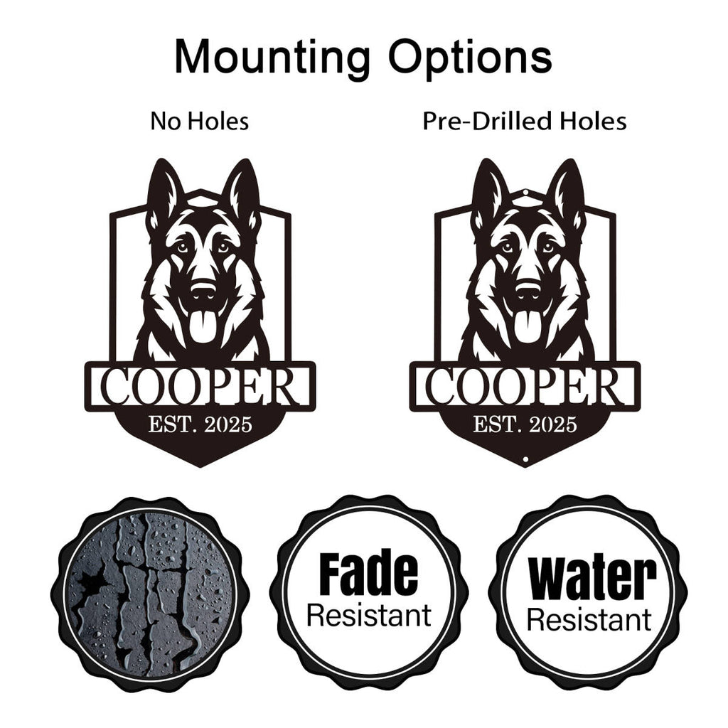 Personalized German Shepherd dog metal sign with custom name and established year, laser-cut steel wall art for pet lovers