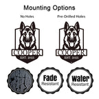 Personalized German Shepherd dog metal sign with custom name and established year, laser-cut steel wall art for pet lovers