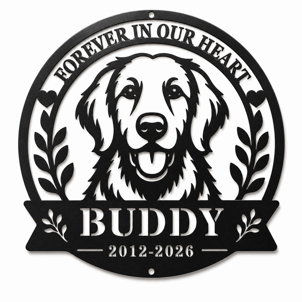 Personalized Golden Retriever memorial metal sign with custom pet name and years on a white background