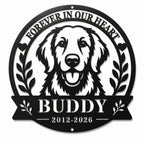 Personalized Golden Retriever memorial metal sign with custom pet name and years on a white background